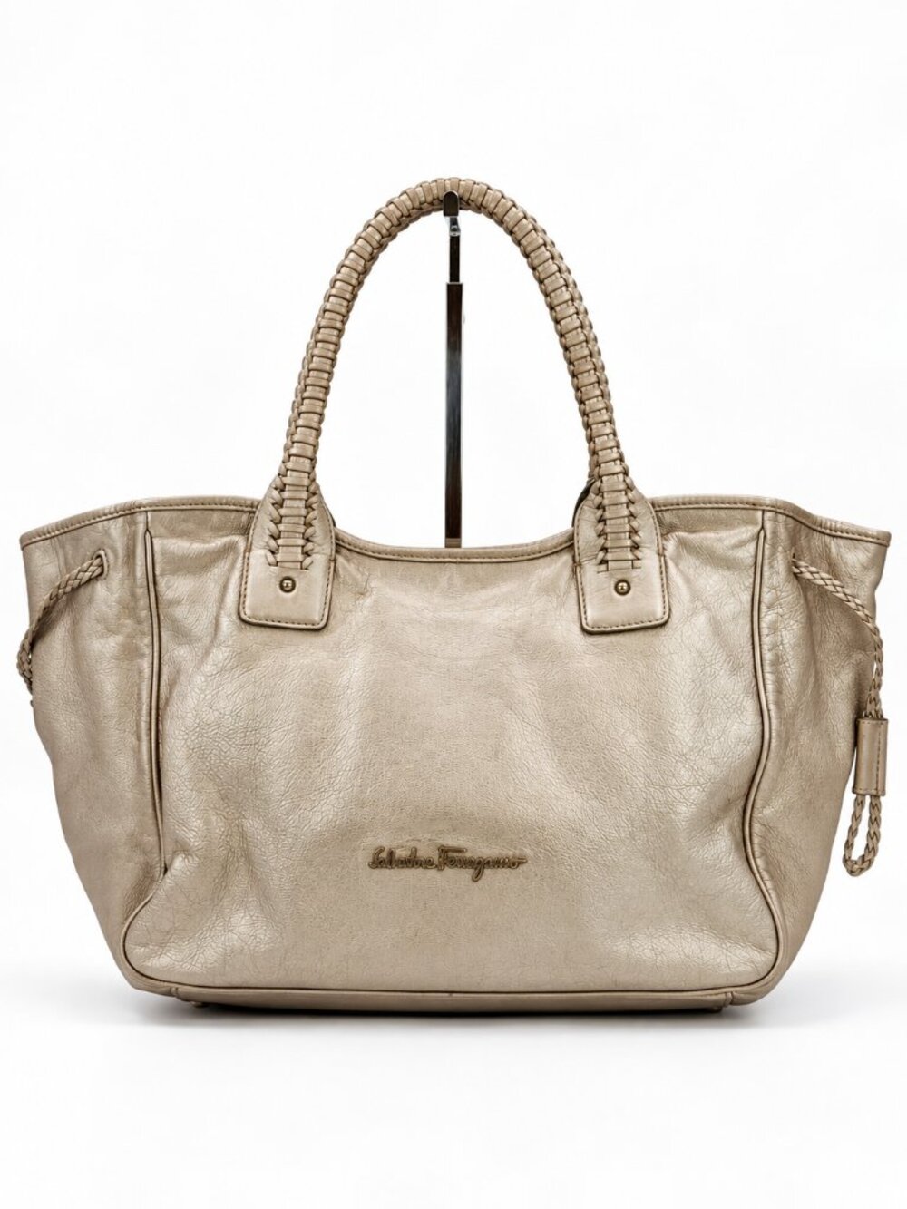 Salvatore Ferragamo Metallic Gold Leather Large Tote Bag Braided Handles